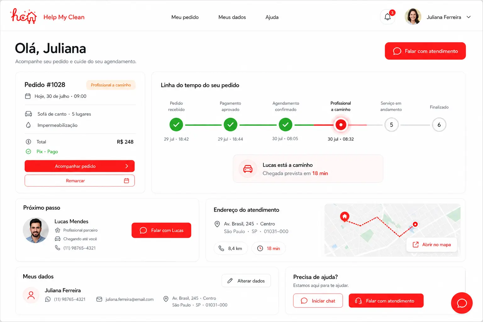 Painel do cliente com linha do tempo, profissional e mapa